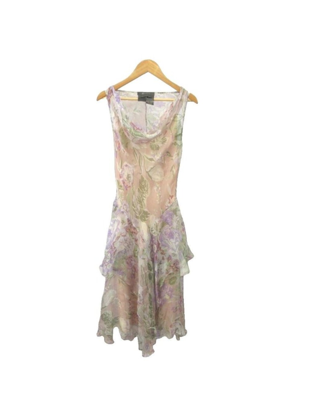 Max Mara Dress Floral Pattern Sleeveless Drape Neck Silk Sheer Pink Purple 38